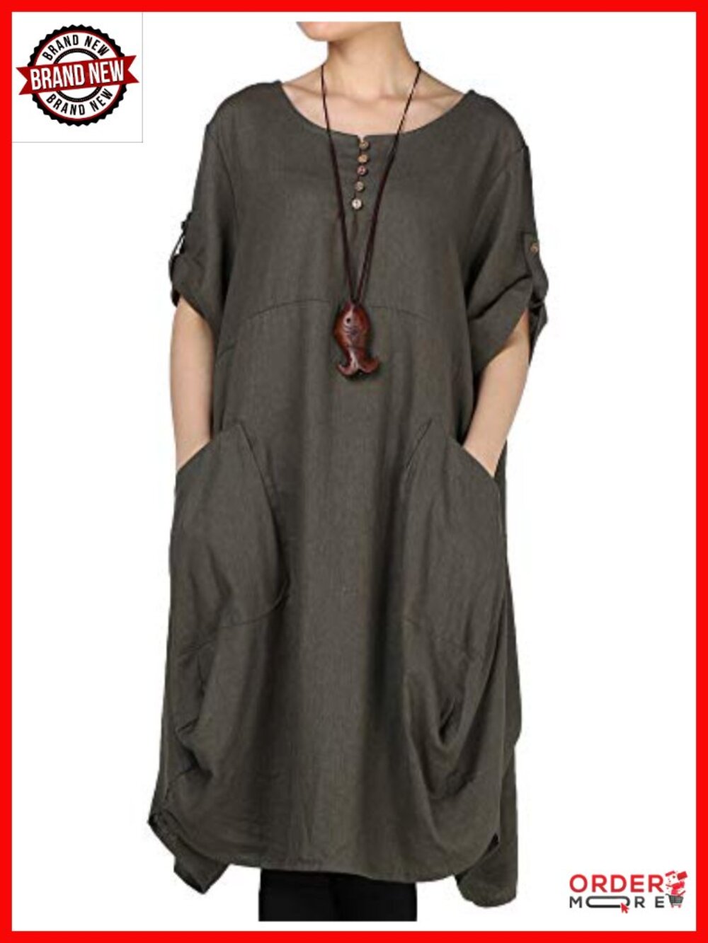 Plus Size Cotton Linen Tunic Dress with Pockets Loose Fit Knee-Length
